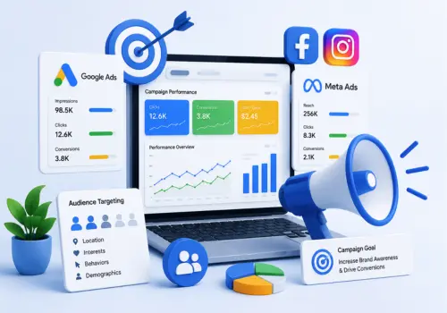 Advertising Campaigns helping businesses grow through Google Ads, Meta Ads, audience targeting and performance marketing strategies.