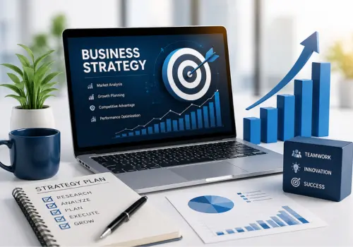 Business Strategy illustration showing digital planning, business growth, market analysis and performance optimization.