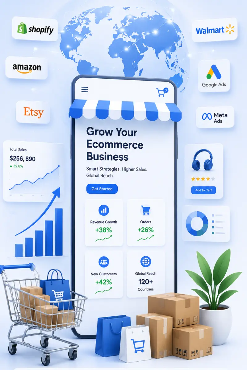 Ecommerce Marketing Agency helping businesses grow through Shopify development, Amazon marketplace management, Etsy optimization and ecommerce advertising.