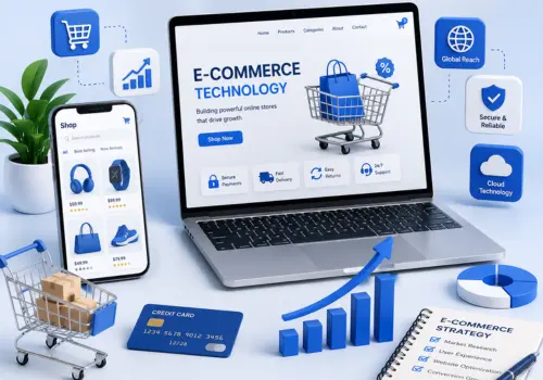 Ecommerce Technology illustration showing online store development, secure payments, shopping cart, digital commerce and business growth.
