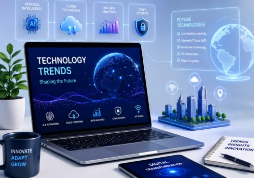 Technology Trends illustration showcasing AI, cloud computing, cybersecurity, digital transformation and future business technologies.